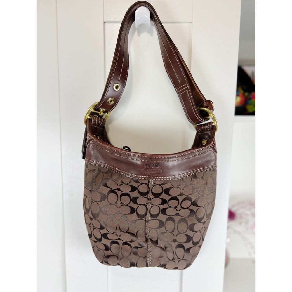 Coach VTG Bleecker Duffle Tote Signature Logo Hobo Bucket Purse‎ Bag 11437 Brown